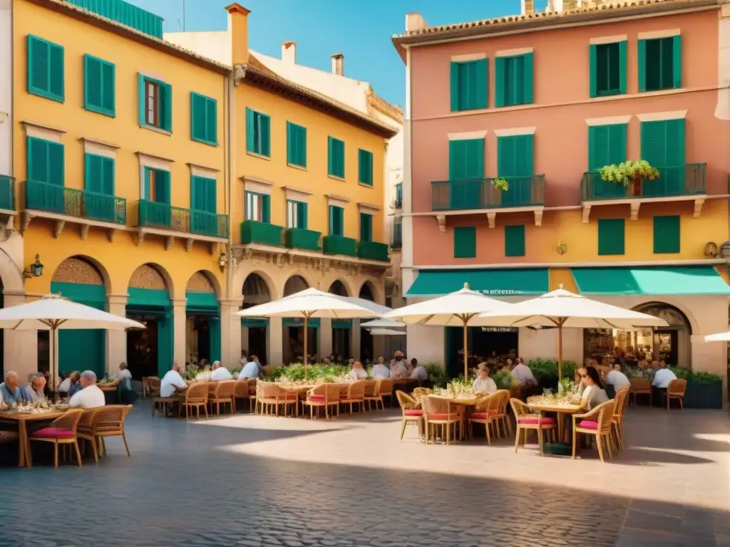 Un vibrante plaza en Alicante con gente disfrutando recetas sin gluten en encantadores restaurantes y cafés