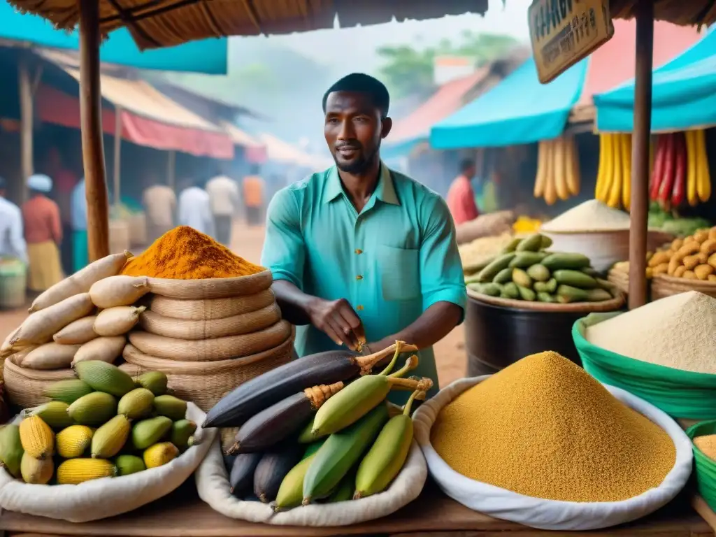 Un vibrante puesto de mercado africano rebosante de ingredientes coloridos como plátanos, yuca, okra, fruta de baobab y harina de mijo