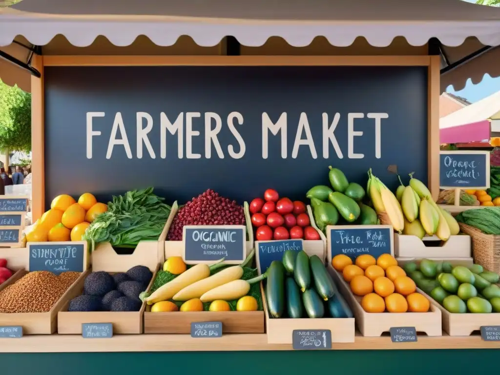 Un vibrante puesto de mercado orgánico sin gluten rebosante de productos frescos y coloridos