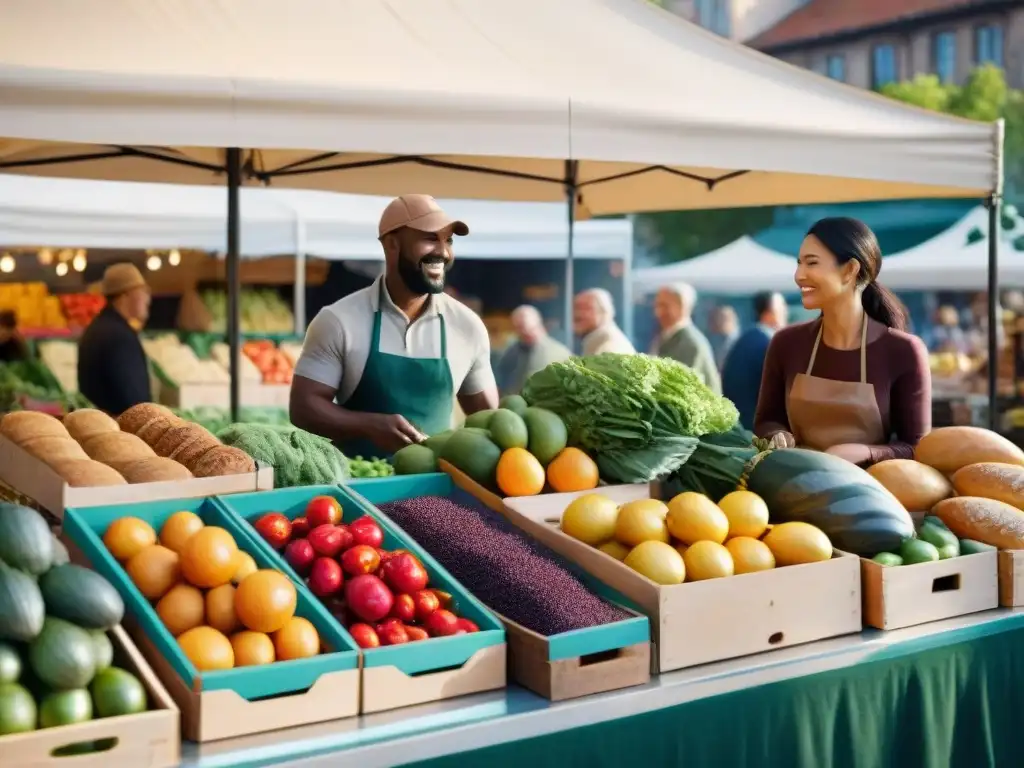 Un vibrante puesto de mercado con productos orgánicos sin gluten para inflamación, clientes y vendedor sonrientes bajo la luz del sol