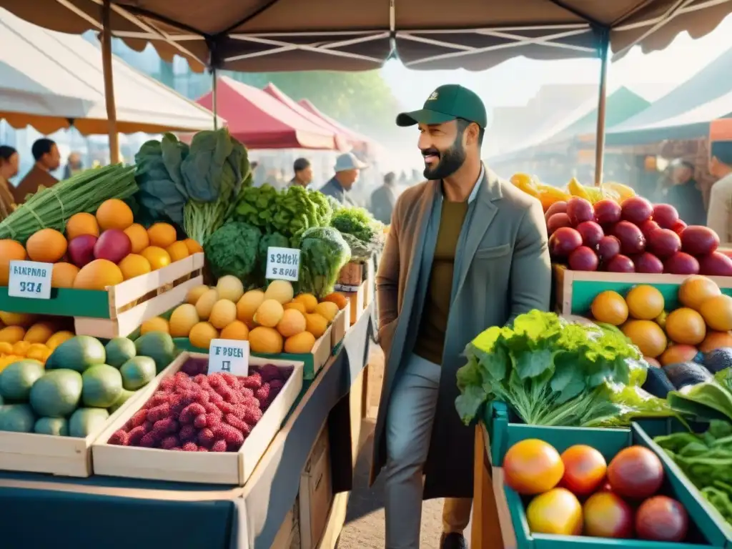 Un vibrante puesto de mercado rebosante de frutas y verduras coloridas, destacando las vitaminas esenciales sin gluten