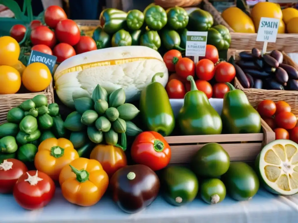 Un vibrante puesto de mercado en España rebosante de productos frescos y coloridos, perfecto para recetas sin gluten innovadoras España