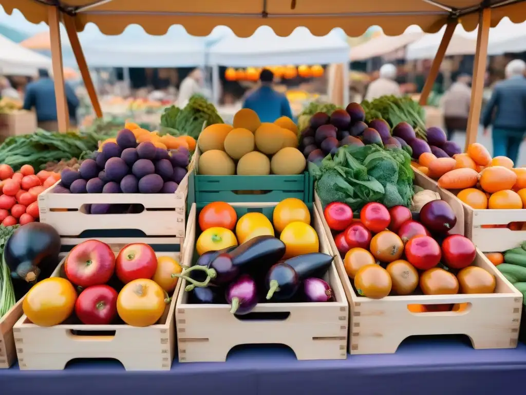 Un vibrante puesto de mercado rebosante de frutas y verduras frescas, bañado por la cálida luz dorada del sol