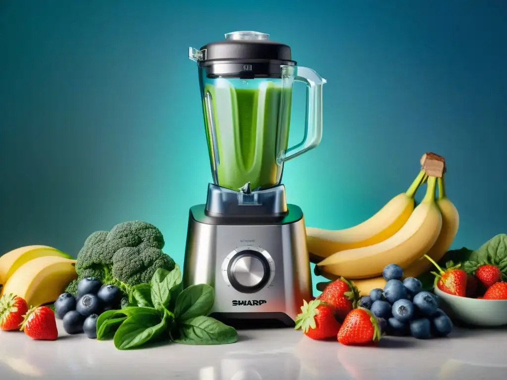 Una vibrante y realista imagen de frutas y verduras frescas en una elegante encimera de mármol junto a la mejor licuadora para smoothies sin gluten