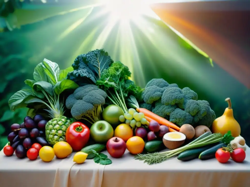 Un jardín vibrante rebosante de frutas, verduras y hierbas coloridas, bajo el cálido sol