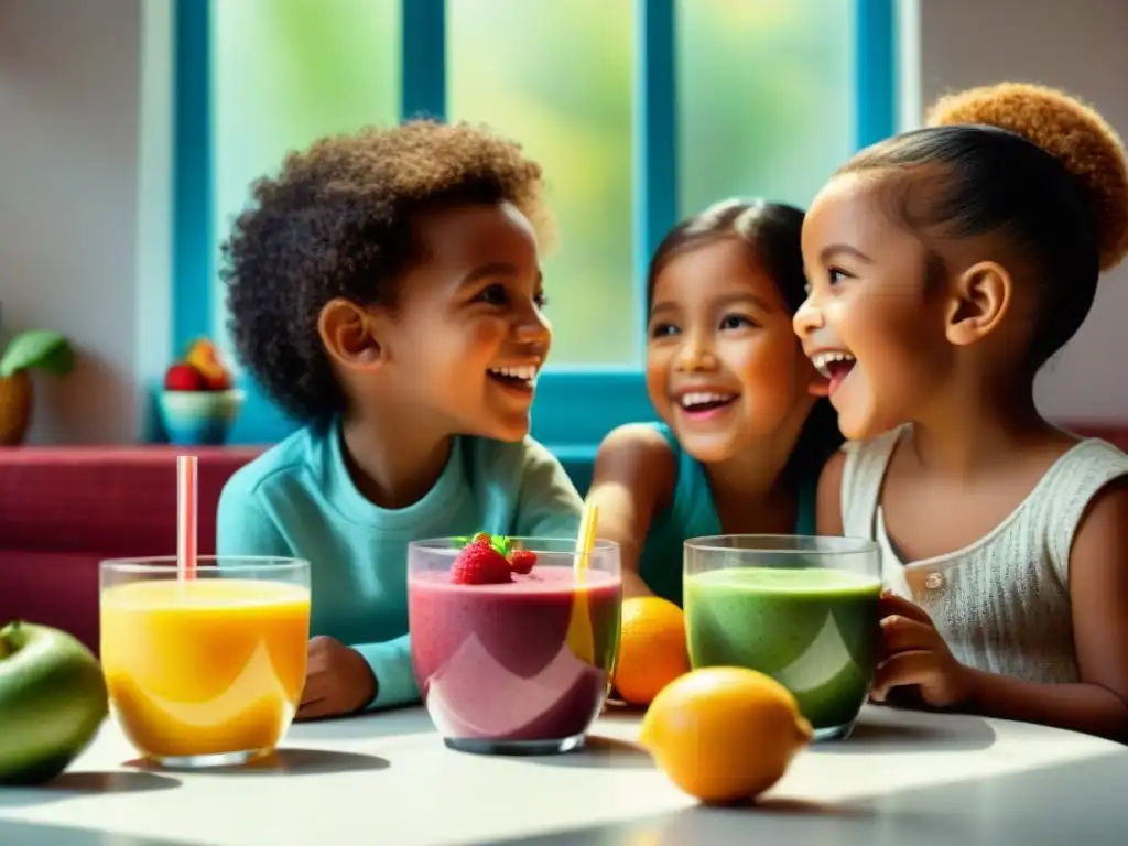 Vibrante reunión de niños felices disfrutando batidos sin gluten, rodeados de frutas frescas