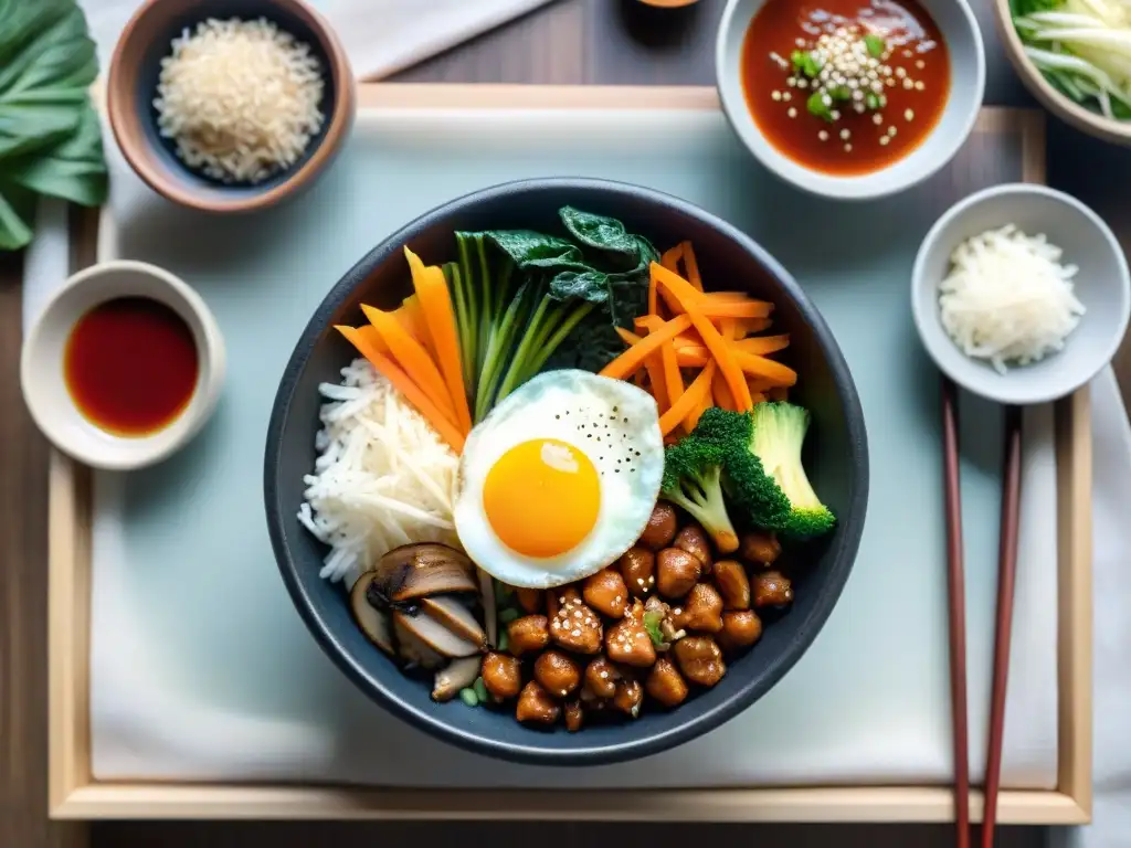 Un vibrante y colorido Bibimbap sin gluten saludable, con vegetales frescos y una presentación auténtica