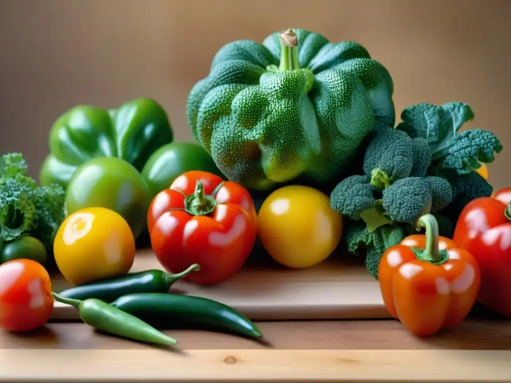 Una vibrante selección de frutas y verduras frescas en una tabla de cortar de madera, resaltando los beneficios de una dieta vegana sin gluten