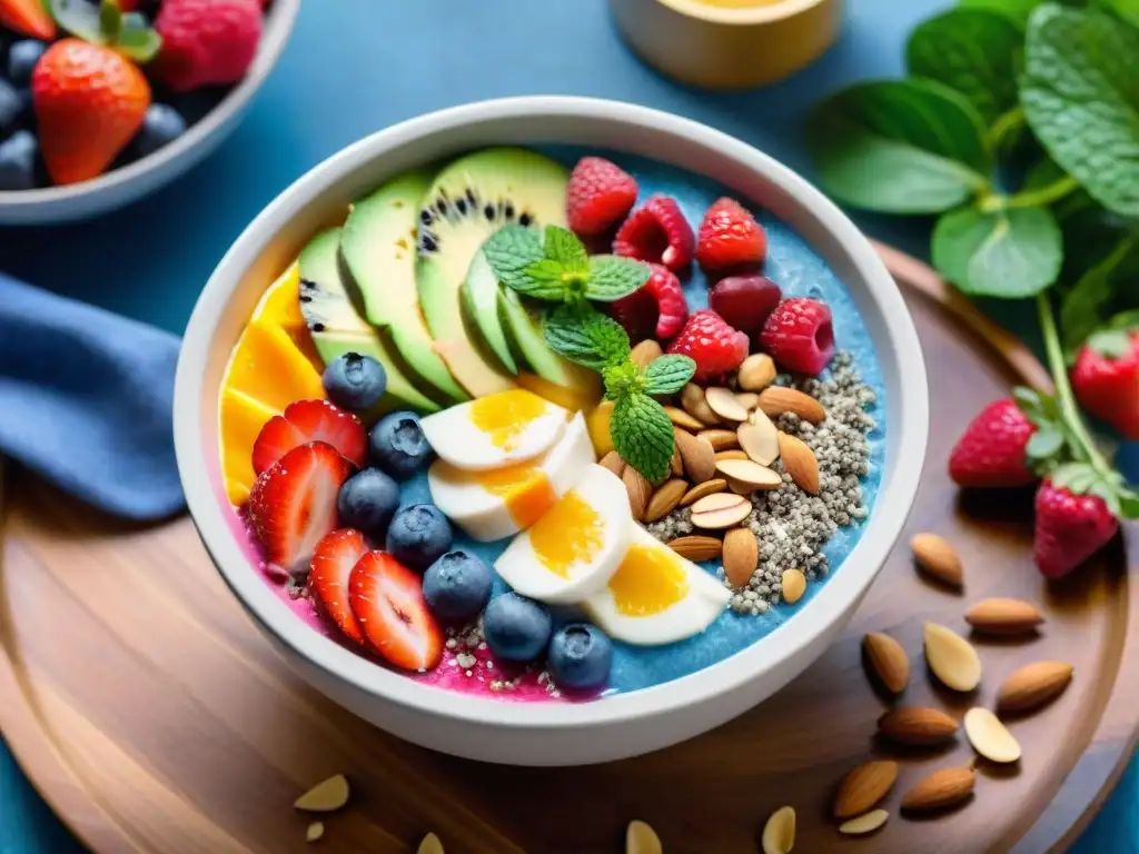 Vibrante smoothie bowl sin gluten con frutas frescas y semillas, en ambiente natural