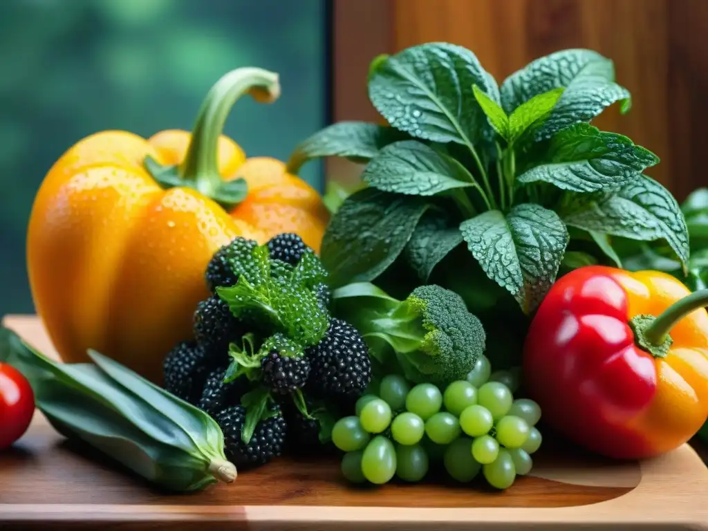 Vibrante surtido de frutas y verduras frescas en tabla de madera, evocando frescura y salud