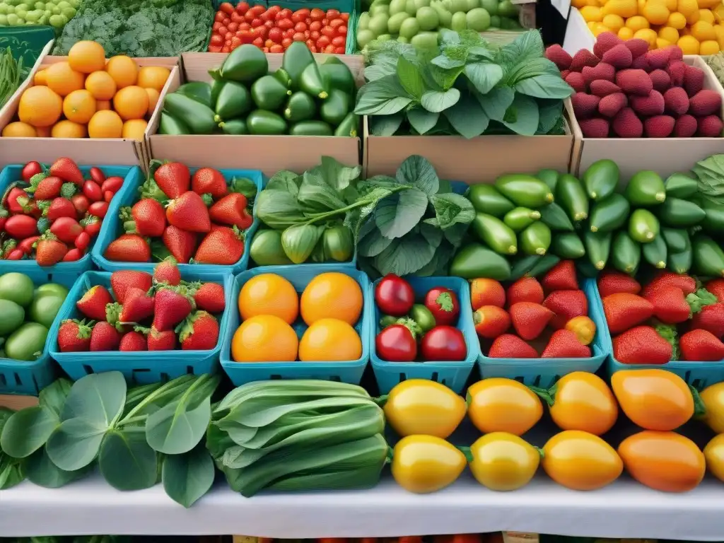 Una vibrante variedad de frutas y verduras sin gluten en un bullicioso mercado, resplandeciendo bajo el cálido sol