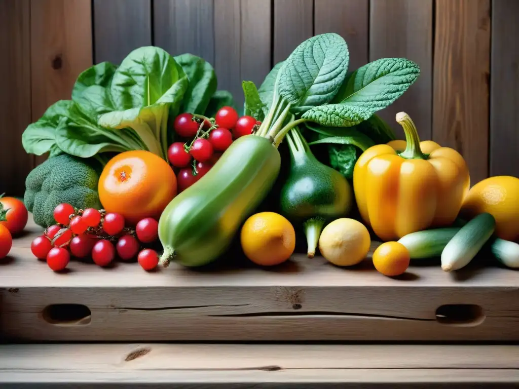 Una vibrante variedad de frutas y verduras frescas en una mesa de madera rústica