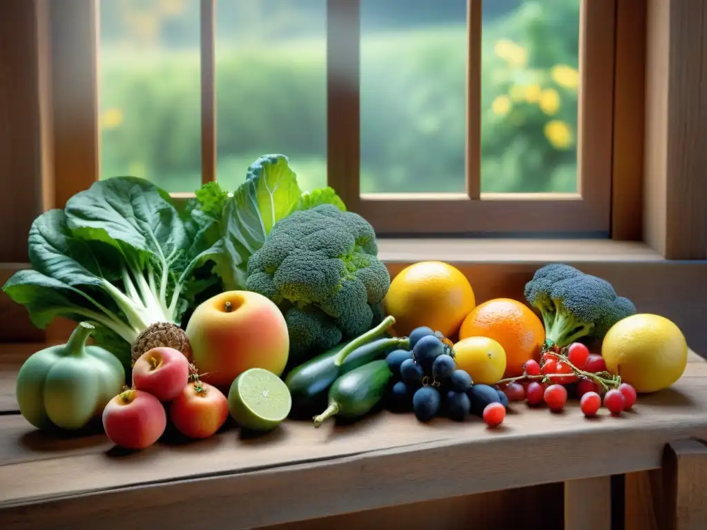 Una vibrante variedad de frutas y verduras en una dieta sin gluten saludable, ricas en vitaminas esenciales, sobre una mesa de madera rústica