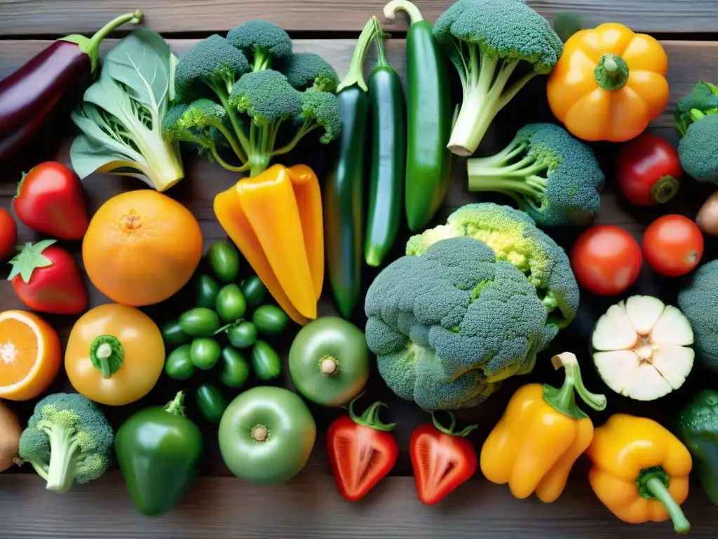 Vibrante variedad de frutas y verduras en mesa de madera rústica