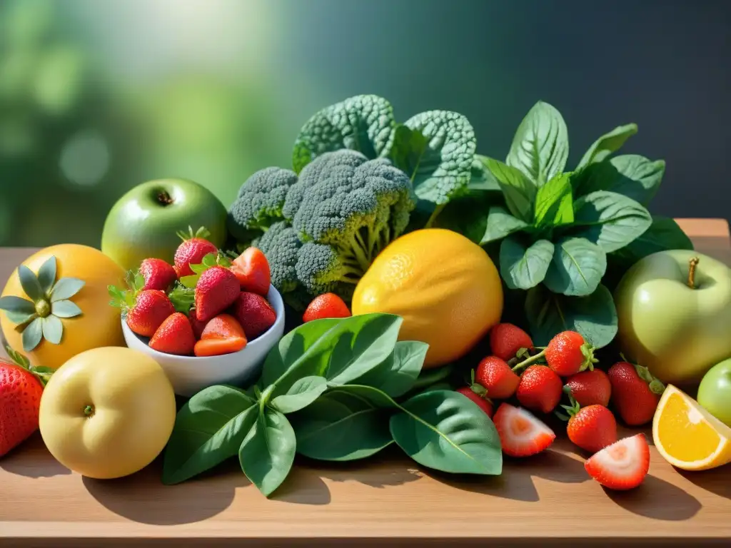 Abundancia de Frutas y Verduras Frescas en Tabla de Cortar Una vibrante variedad de frutas y verduras frescas, resplandeciendo en un tablero de madera