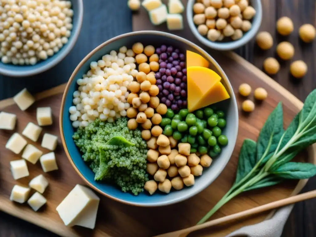 Una vibrante variedad de proteínas vegetales sin gluten como quinoa, lentejas, garbanzos y tofu, en una mesa de madera rústica