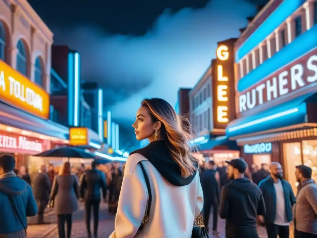 Vibrante vida nocturna sin gluten: luces de neón iluminan calles con gente diversa disfrutando de bebidas y comida en bares y restaurantes animados