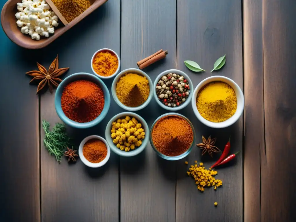 Vibrantes especias sin gluten en cuencos de vidrio sobre mesa rústica, perfectas para palomitas especias sin gluten