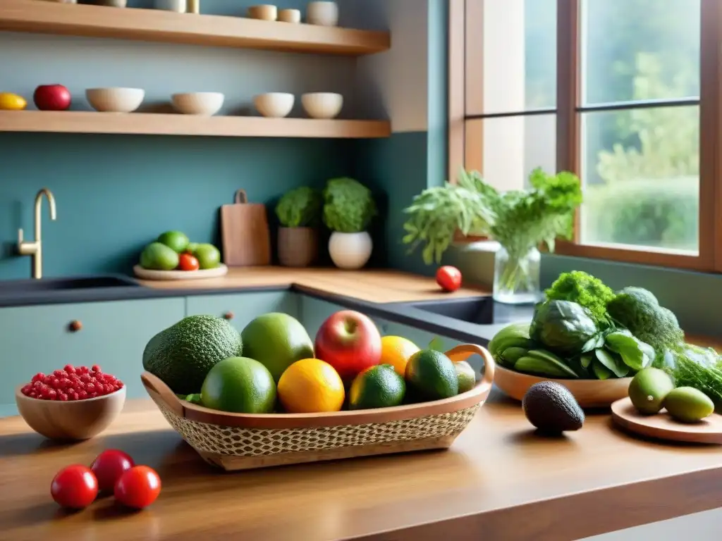 Vibrantes frutas y verduras frescas en una cocina acogedora iluminada por la luz del sol