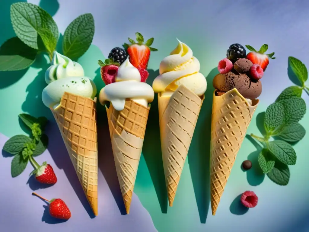 Vibrantes helados sin gluten creativos adornados con frutas frescas y flores en un jardín de verano