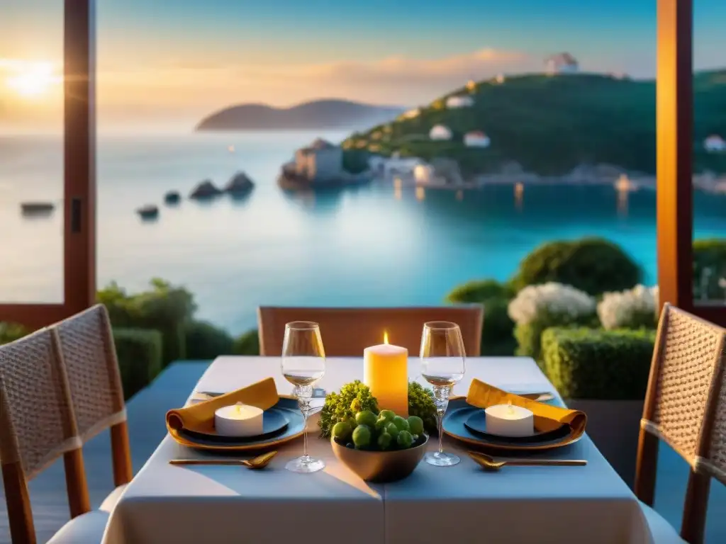 Una villa junto al mar con mesa elegante llena de platillos sin gluten, ideal para vacaciones familiares