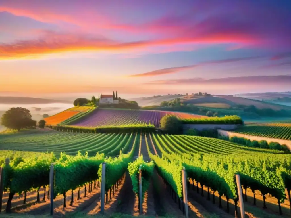 Viñedo pintoresco al atardecer con filas de vides verdes bajo un cielo colorido