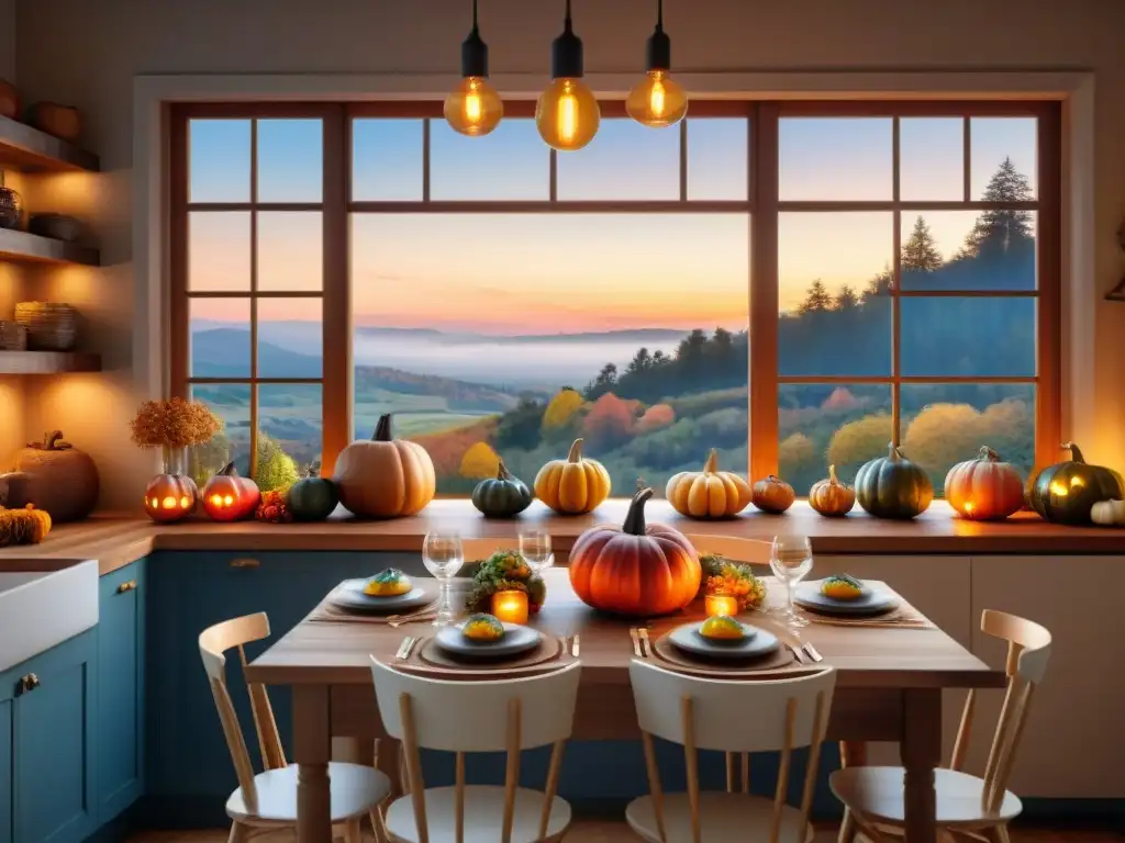 Vista acogedora de una cocina en otoño con cenas rápidas sin gluten, iluminada por luces cálidas al atardecer