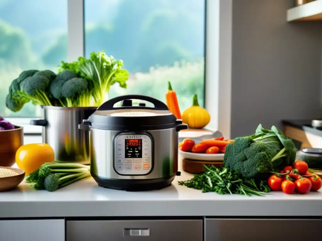 Vista de una cocina sin gluten con ollas a presión modernas, vegetales frescos y hierbas coloridas, bañados por la luz del sol