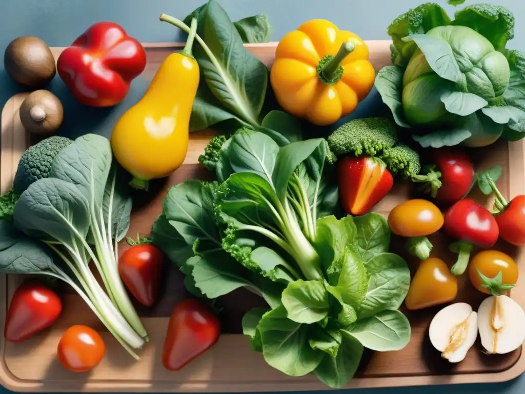 Una vista colorida y detallada de frutas y verduras frescas en una cocina soleada