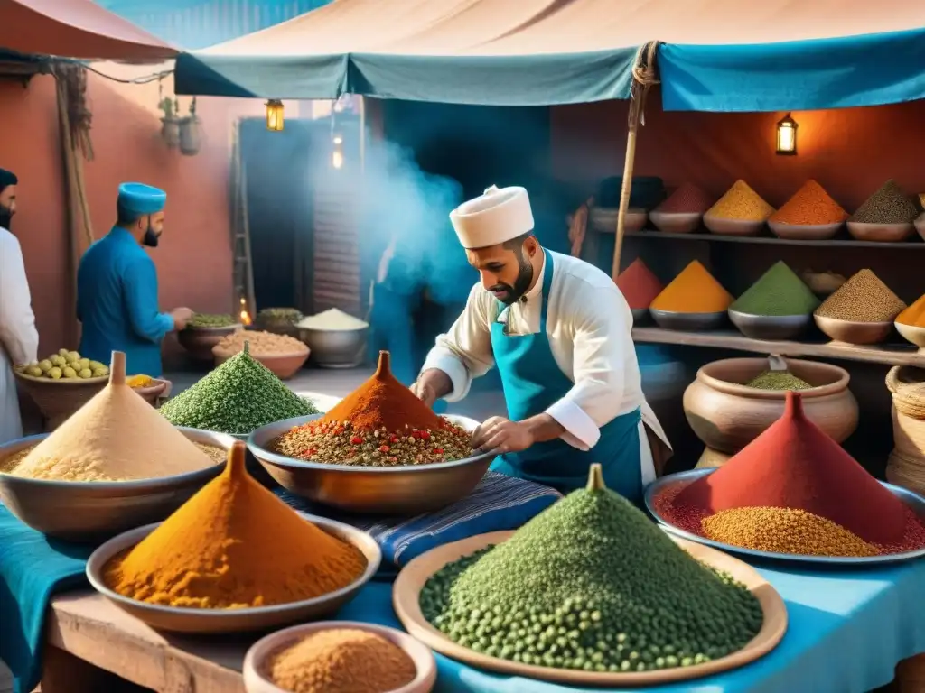 Una vista detallada de un bullicioso mercado al aire libre en Marrakech, Marruecos, con colores vibrantes de especias, frutas y textiles