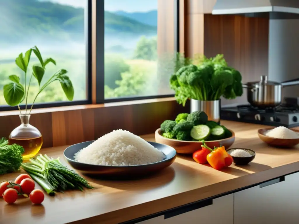 Vista detallada de una cocina moderna con ingredientes sin gluten en arroceros, bañada por la cálida luz del sol