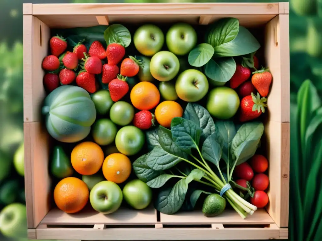 Una vista detallada de frutas y verduras frescas en una caja de madera rústica, resaltando su frescura con gotas de agua