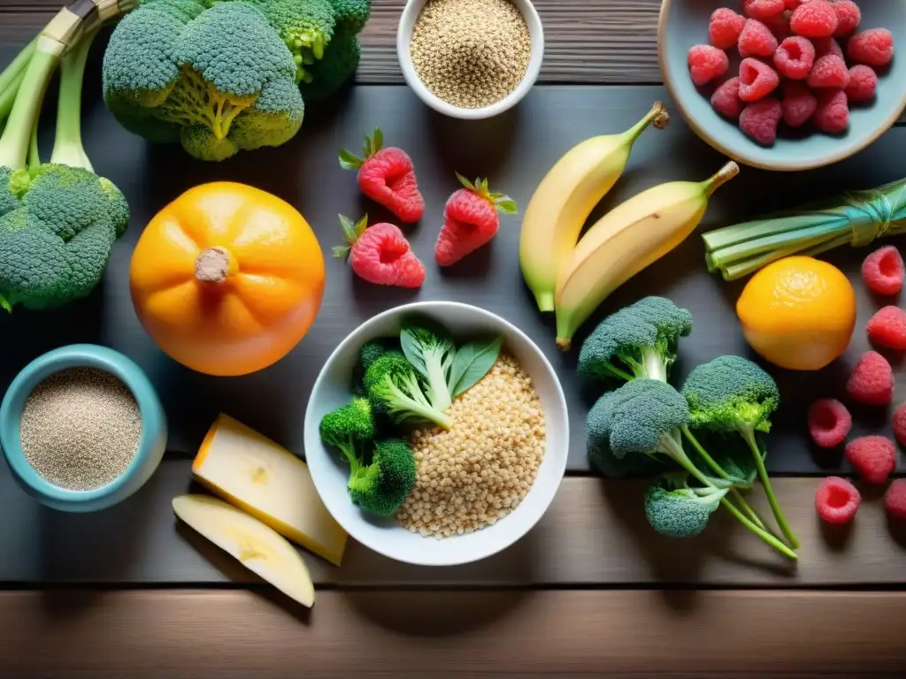 Una vista detallada de fuentes de fibra en dieta sin gluten: frutas, verduras y granos sobre mesa de madera rústica