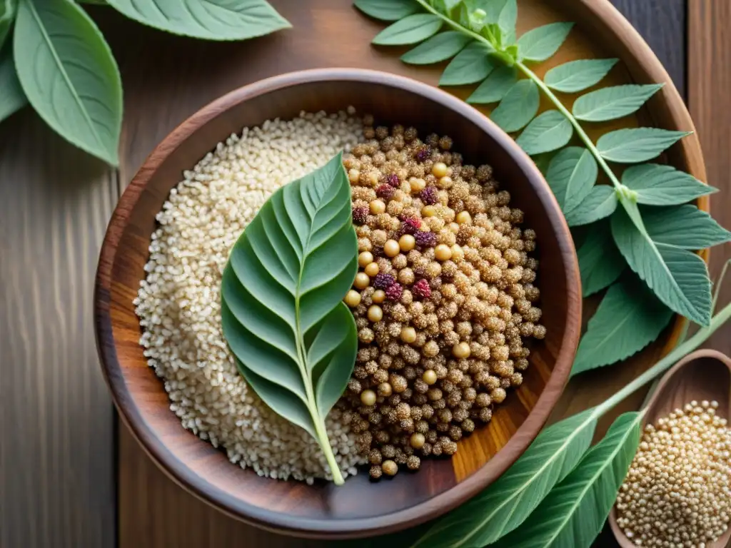 Vista detallada de granos antiguos como quinoa, amaranto, teff y trigo sarraceno en un cuenco de madera rústico