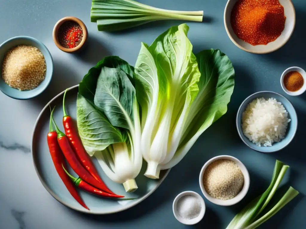 Una vista detallada de ingredientes frescos para preparar kimchi sin gluten saludable: col, chiles, ajo, jengibre y condimentos en un elegante mostrador de mármol