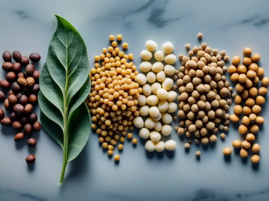 Vista detallada de ingredientes sin gluten ricos en proteínas como quinoa, lentejas y nueces en una encimera moderna