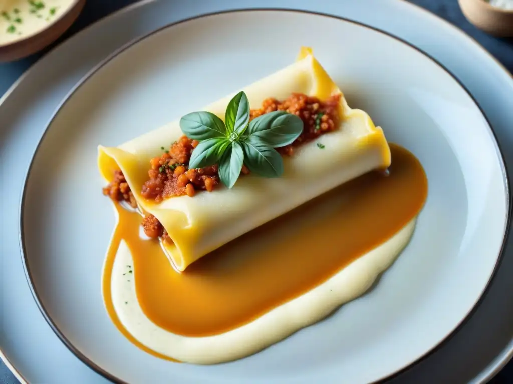 Canelones sin gluten: arte culinario en capas Una vista detallada de una innovadora receta de canelones sin gluten, exquisitamente presentados con capas de pasta, relleno y salsa bechamel