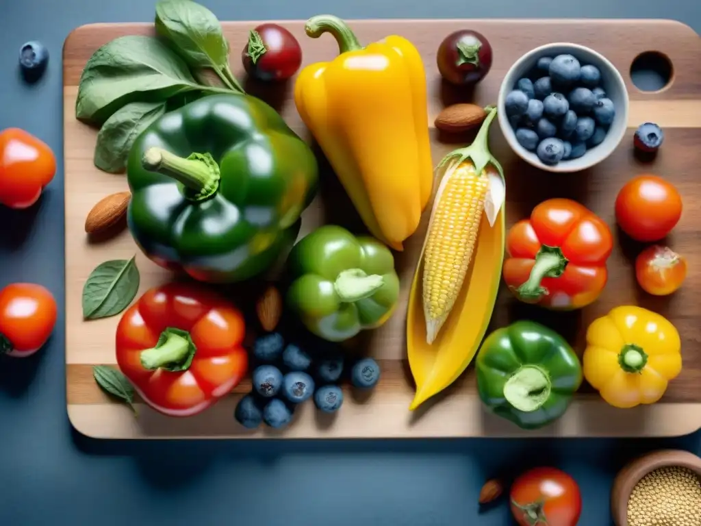 Una vista detallada de los mejores ingredientes sin gluten en su frescura y colorido sobre una tabla de madera