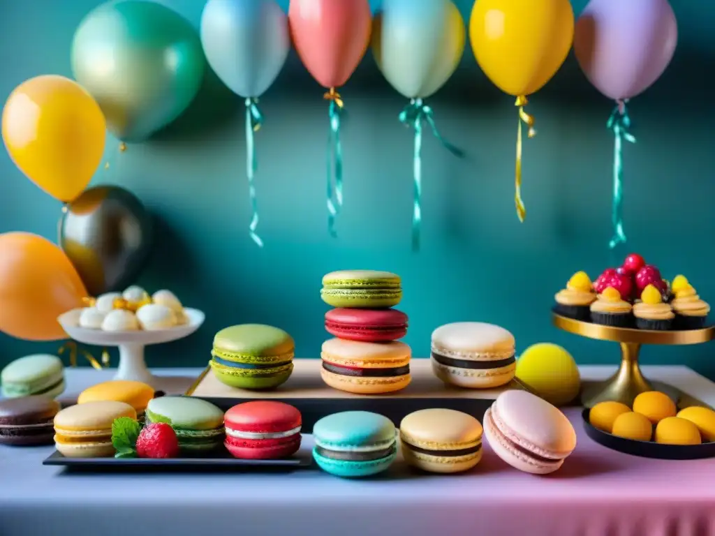 Vista detallada de una mesa de fiesta con postres sin gluten coloridos, creando ambiente alegre