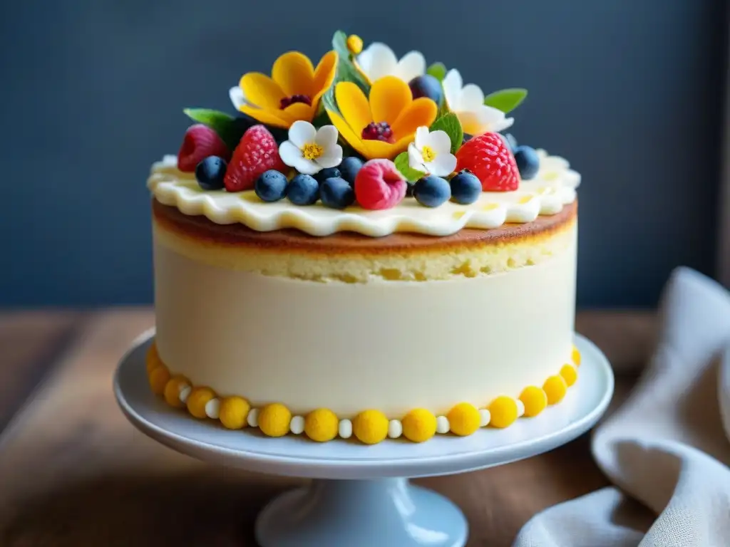 Una vista detallada de un pastel sin gluten, con estructuras firmes y decorado con flores y bayas comestibles