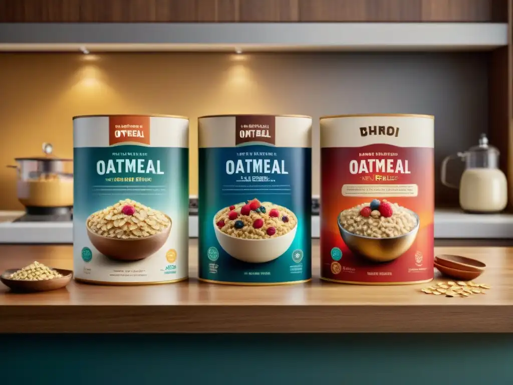 Variedad sin gluten: Detalles vibrantes de avena en cocina moderna Una vista detallada y realista de marcas de avena sin gluten comparadas en una moderna encimera de cocina