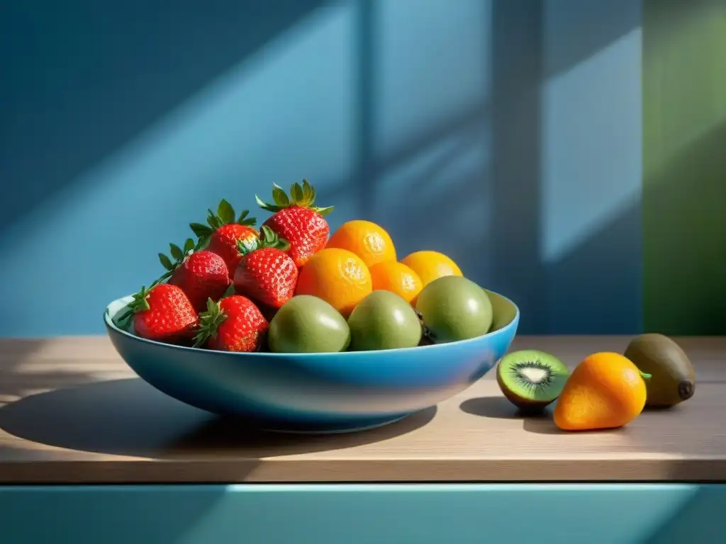 Una vista detallada de un tazón de frutas frescas y coloridas en una mesa de madera, irradiando vitalidad y frescura