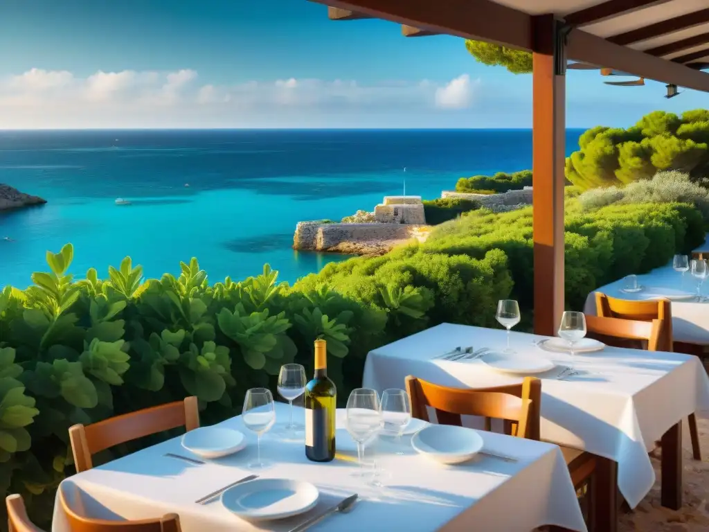 Una vista encantadora de un restaurante en Menorca, con mesas elegantes para una experiencia gastronómica sin gluten junto al mar Mediterráneo