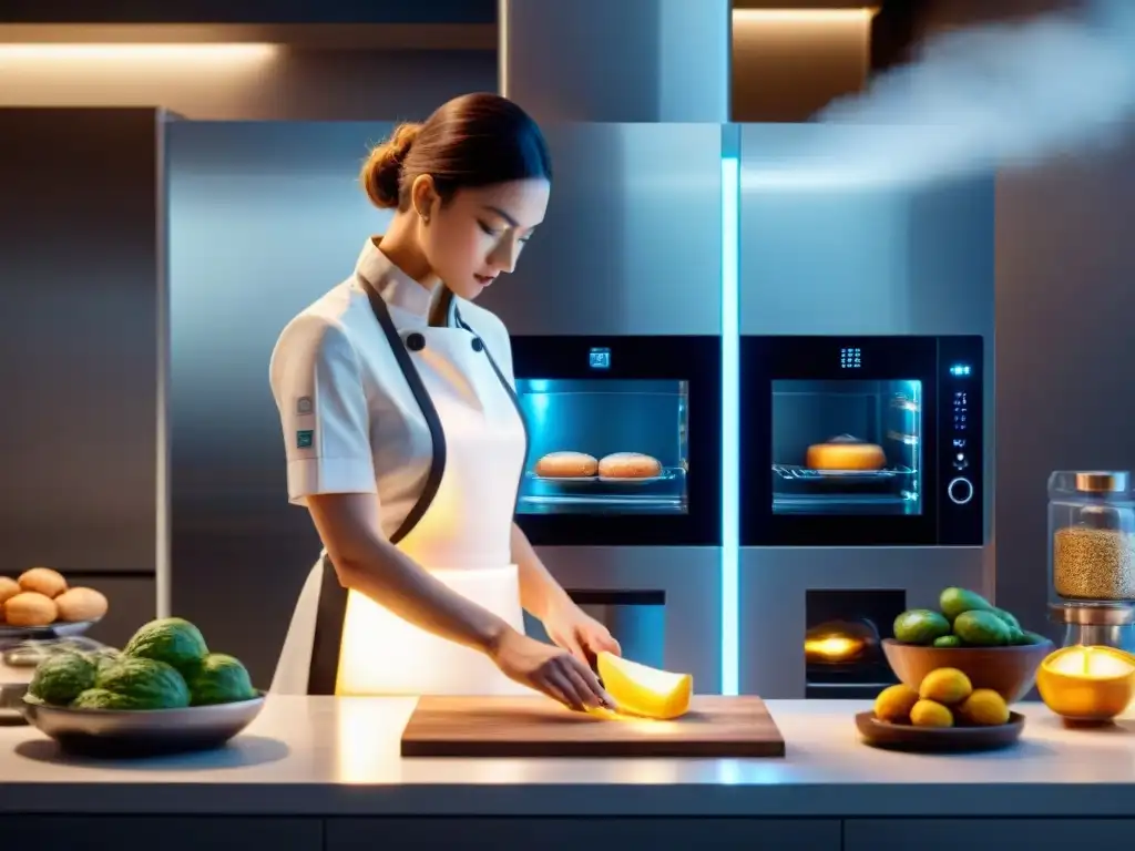 Vista interior de una cocina futurista con tecnología del siglo para opciones sin gluten