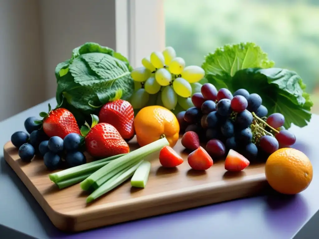 Una vista serena de frutas y verduras coloridas en tabla de madera