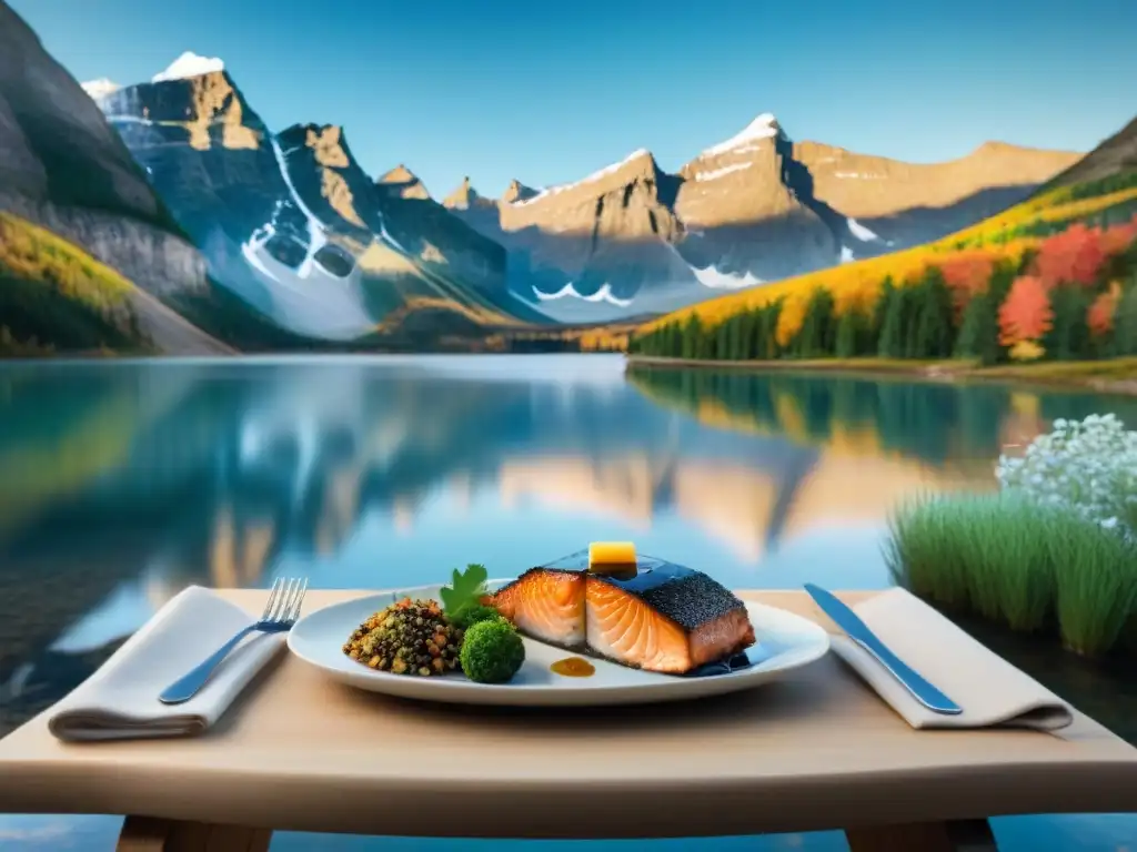Vista serena de las Montañas Rocosas de Canadá, un lago cristalino reflejando el otoño y una cabaña acogedora con recetas sin gluten Canadá