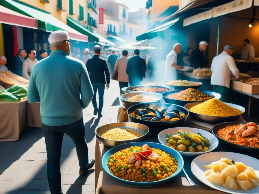 Vista vibrante de un mercado de comida al aire libre en Almería con recetas sin gluten, lleno de coloridas delicias y ambiente acogedor