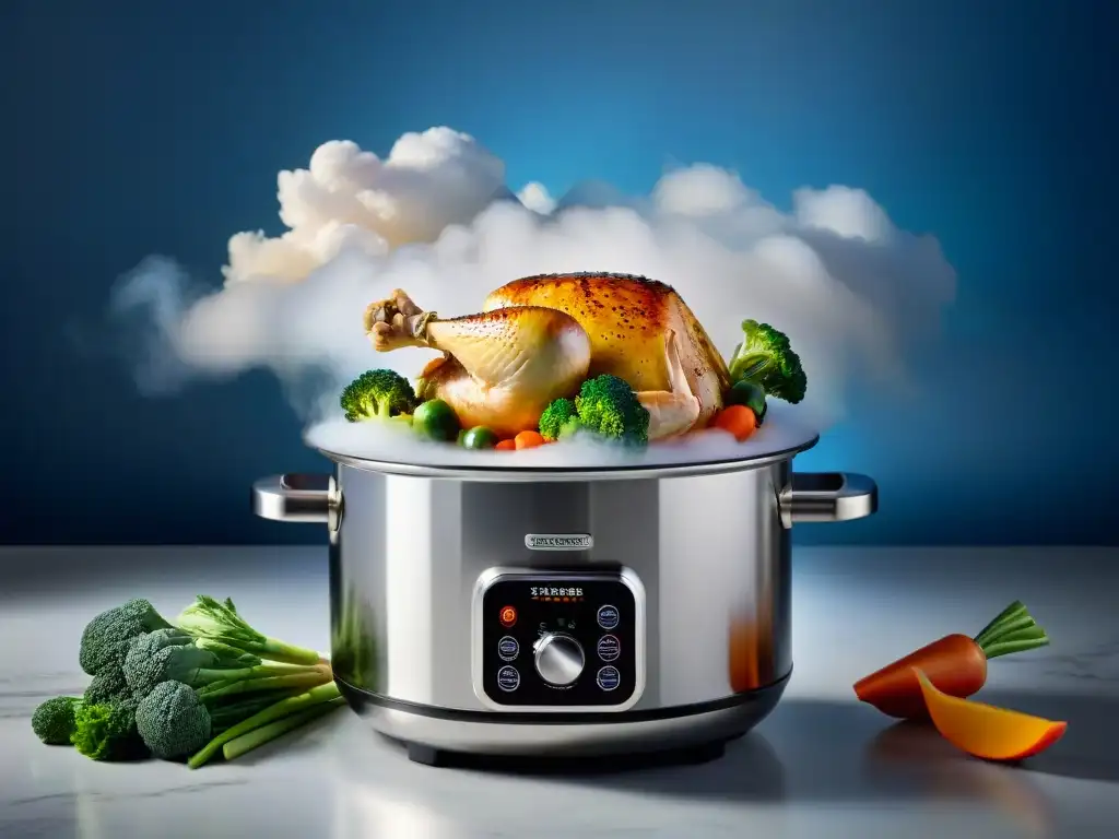 Una vista vibrante de verduras y pollo sazonado cocinándose en vaporeras para recetas sin gluten