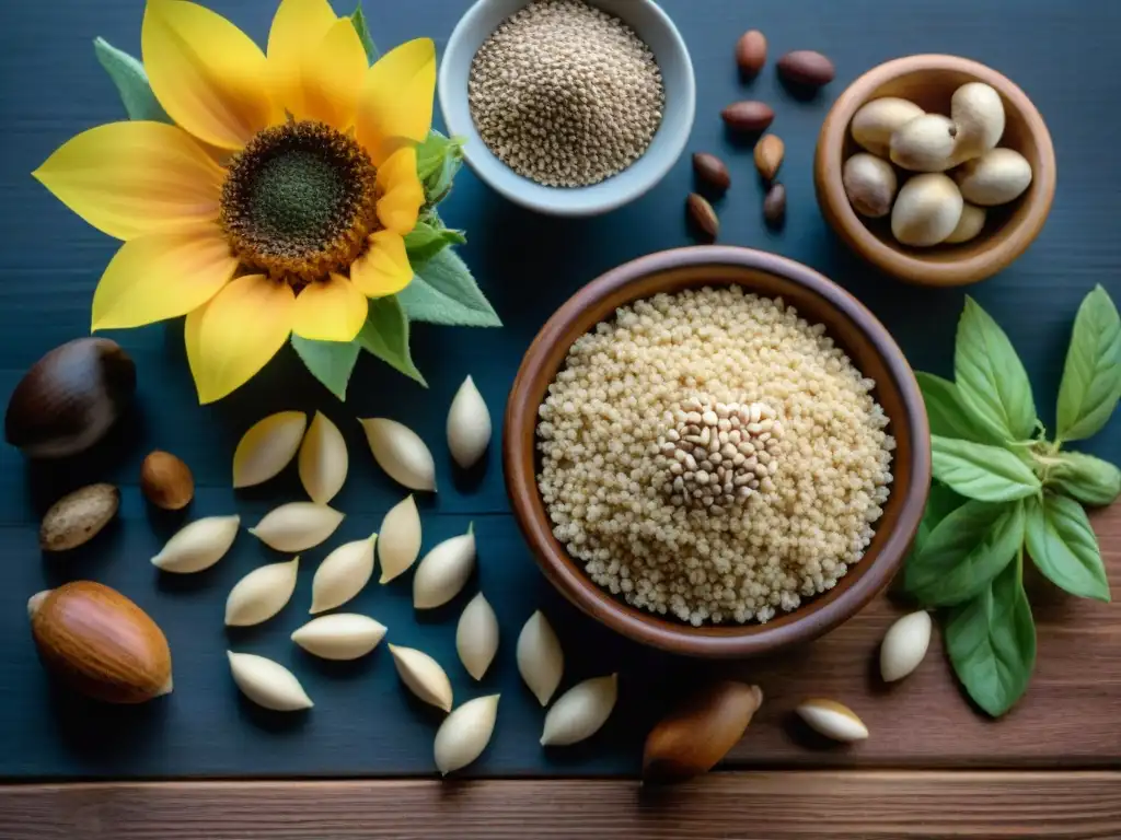 Una representación visual detallada y realista de alimentos sin gluten ricos en selenio, como nueces de Brasil, semillas de girasol, champiñones y quinua, bellamente dispuestos en una mesa de madera