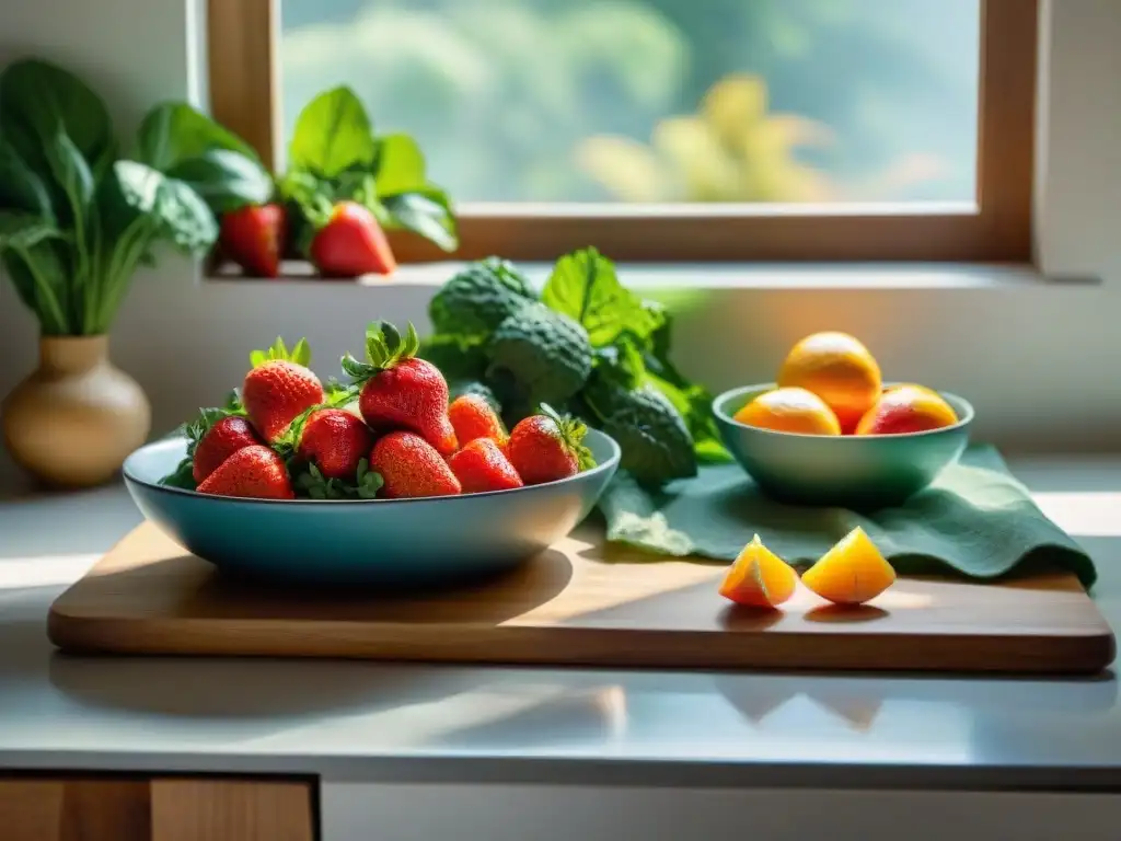 Mostrando la vitalidad de una dieta sin gluten con frutas y verduras coloridas en una cocina acogedora